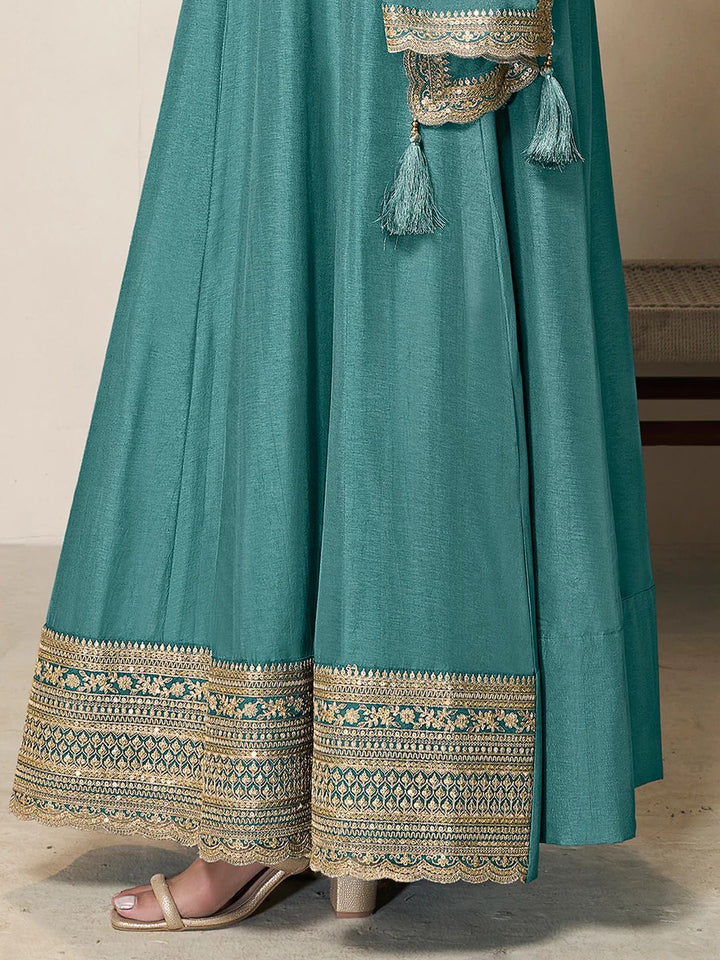 Amal – Teal Chinon Embroidered Anarkali Suit with Scalloped Dupatta - 2pcs