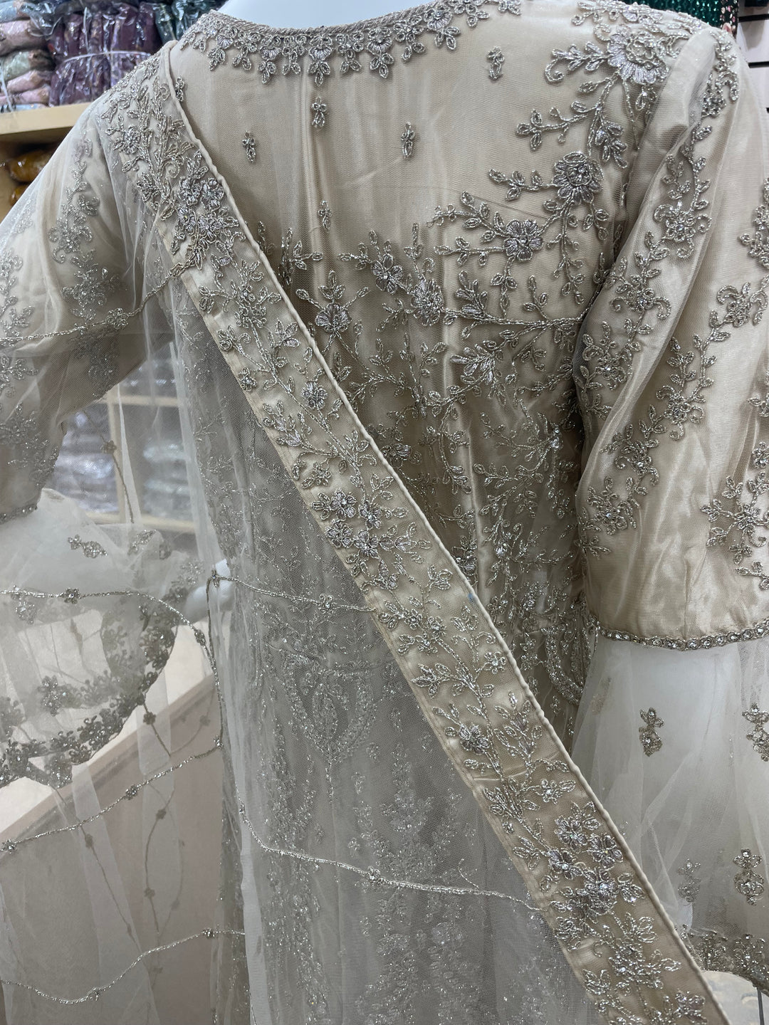 Jannah - Champagne Gold Heavy Embroidered Net Party Gown with Bell Sleeves/White Gold Embroidered - 3pcs