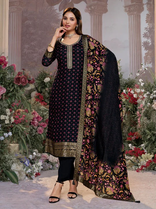 Sara – Black Russian Silk Kurta Set with Digital Print Work Paired with Russian Silk Digital Printed Duppatta – 3 Pcs