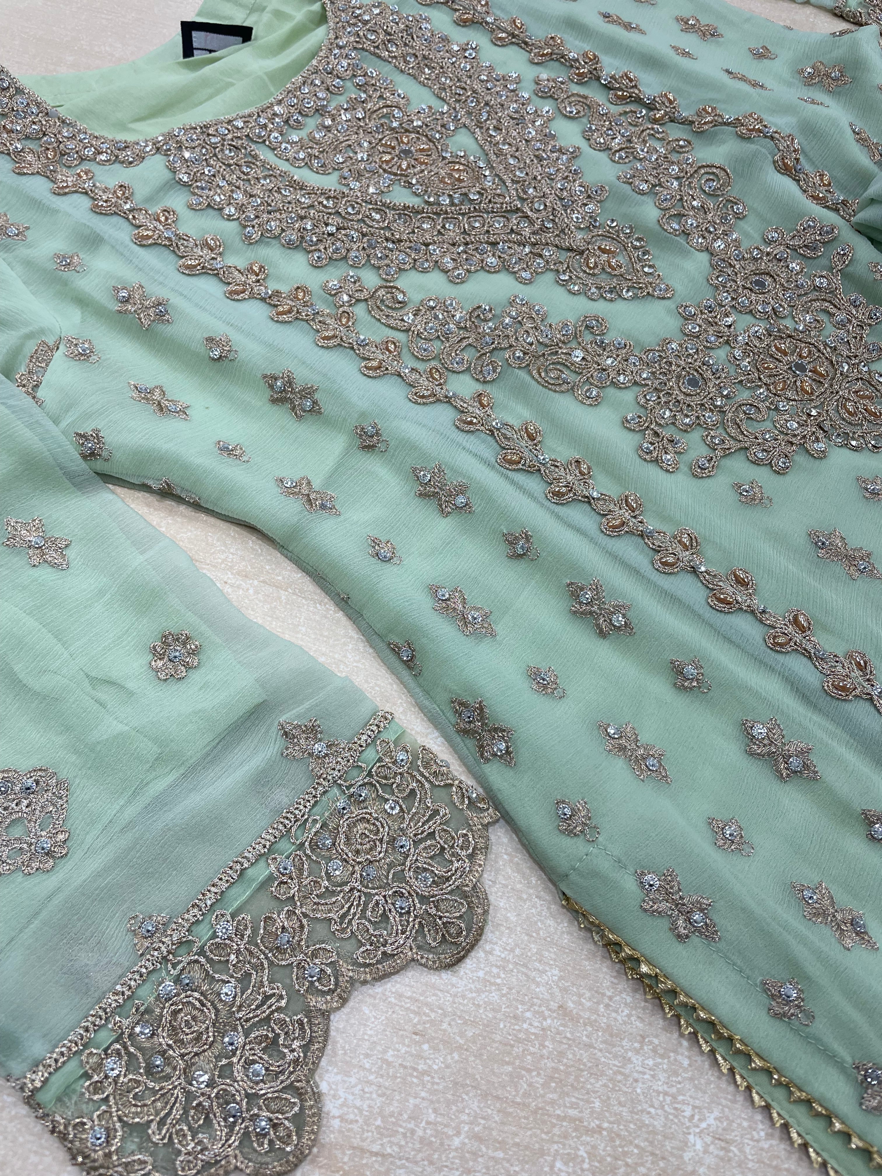 Mint Green embroidered Plazo - Rose Gold Embroidered & Gem work - 3Pcs