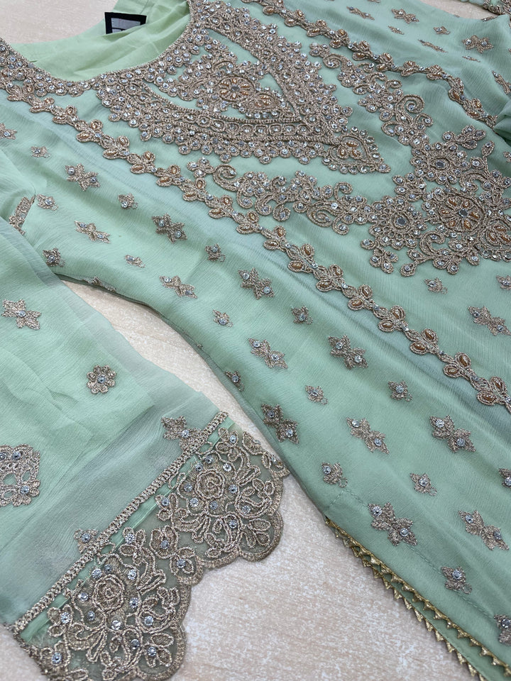 Aisha - Mint Green embroidered Plazo - Rose Gold Embroidered & Gem work - 3Pcs