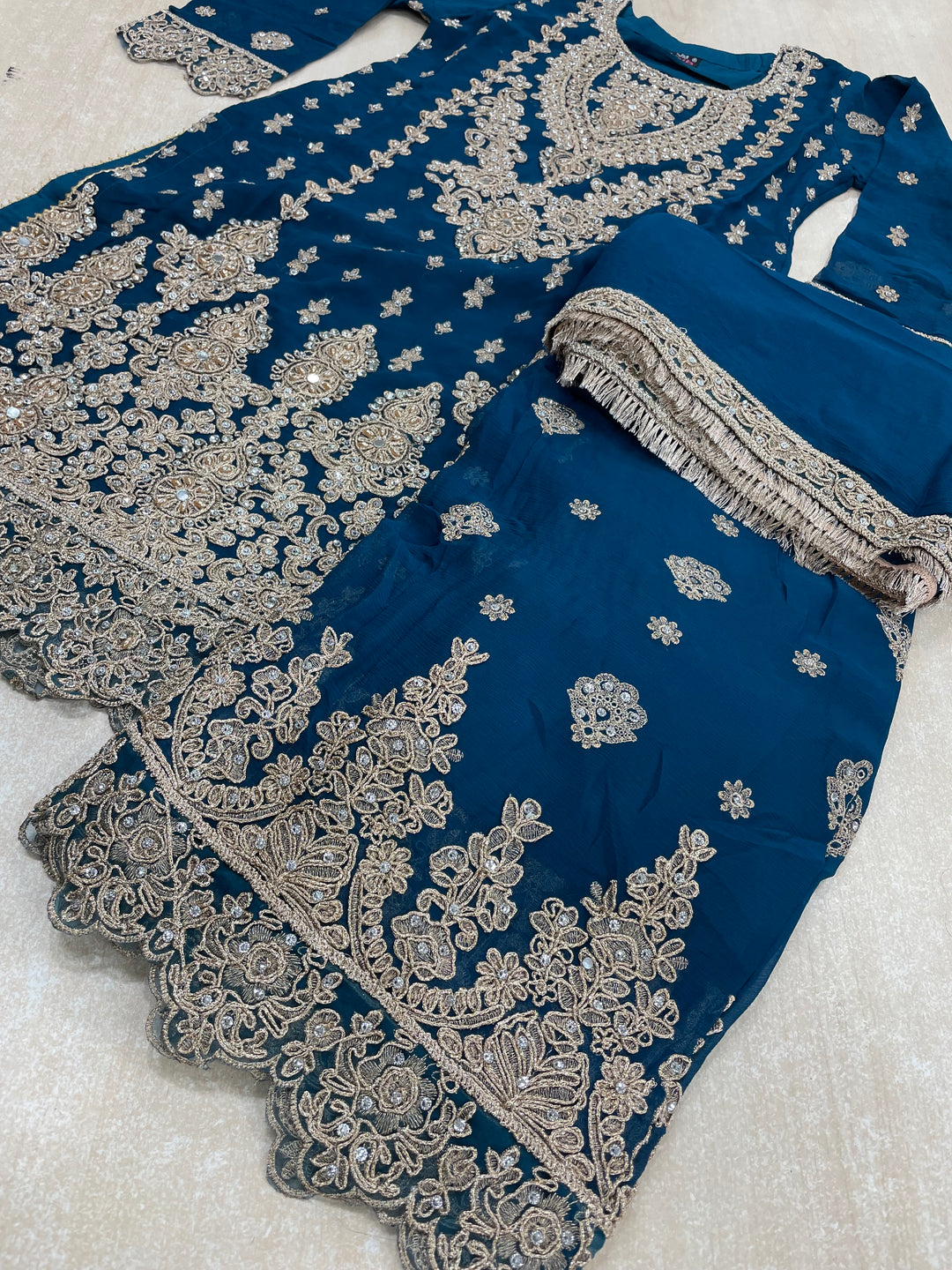 Aisha - Teal embroidered Plazo - Rose Gold Embroidered & Gem work - 3Pcs