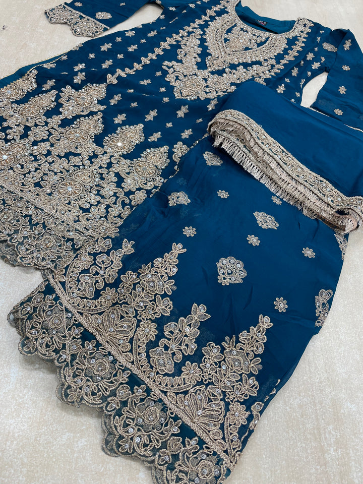 Aisha - Teal embroidered Plazo - Rose Gold Embroidered & Gem work - 3Pcs