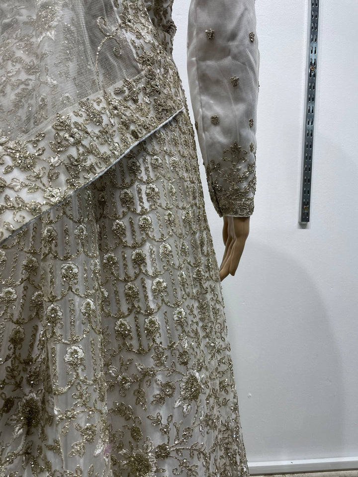 Yusra - White Heavy Embroidered Net Party Gown with White Gold Embroidered - 3pcs
