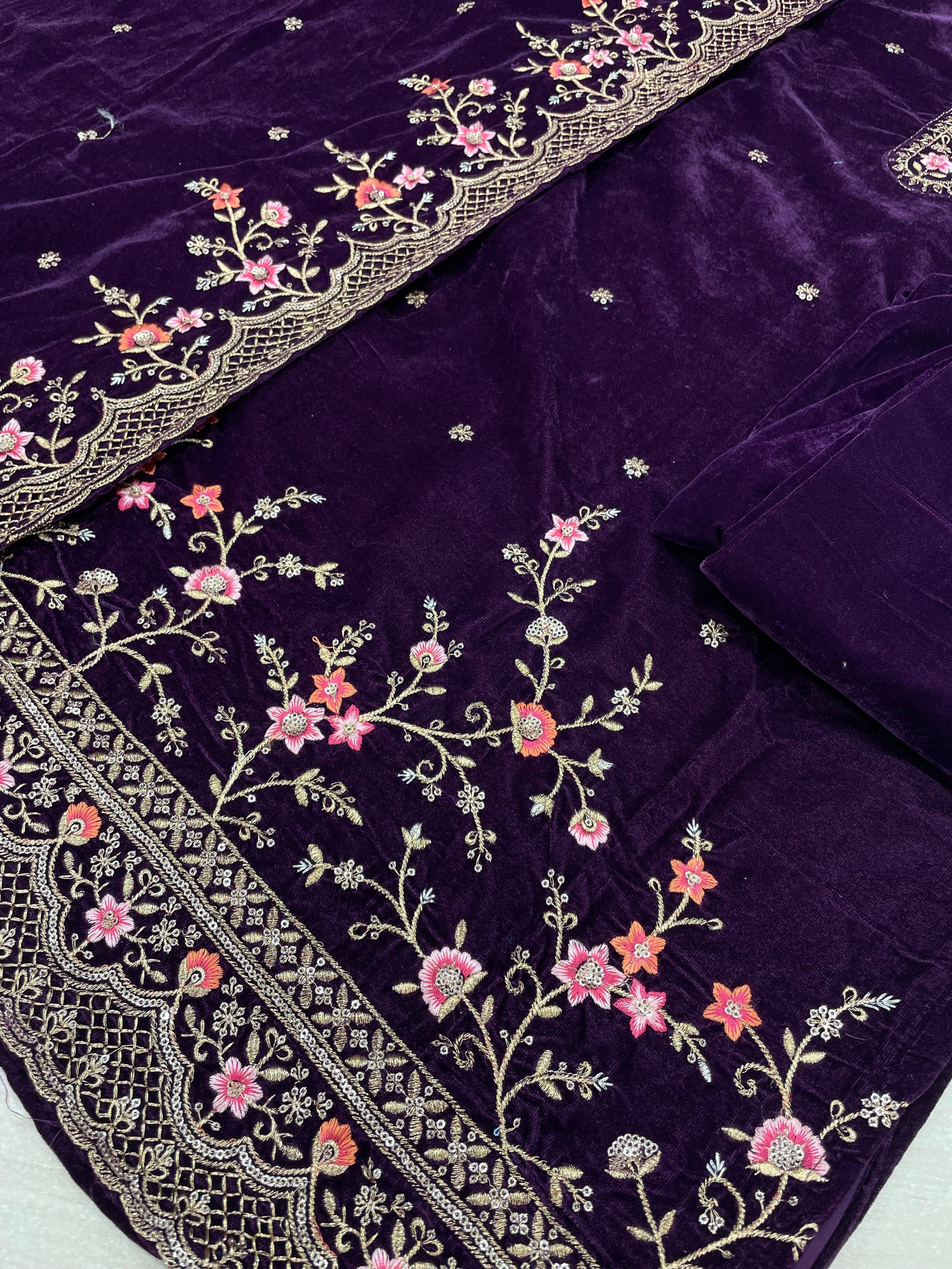 Purple Velvet Kameez - Embroidered & Gem work - 3Pcs