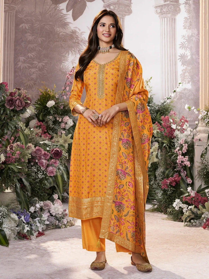 Sara – Yellow Russian Silk Kurta Set with Digital Print Work Paired with Russian Silk Digital Printed Duppatta – 3 Pcs