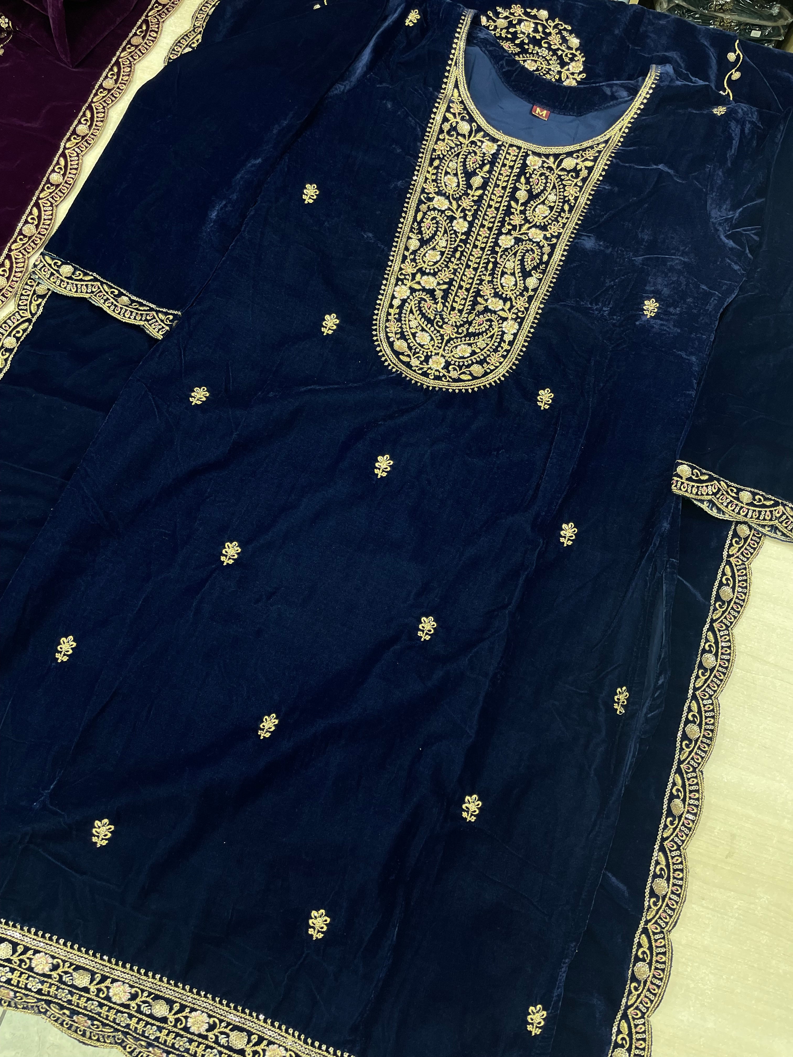 D2- Blue Velvet Kameez - Embroidered & Gem work - 3Pcs (Copy)