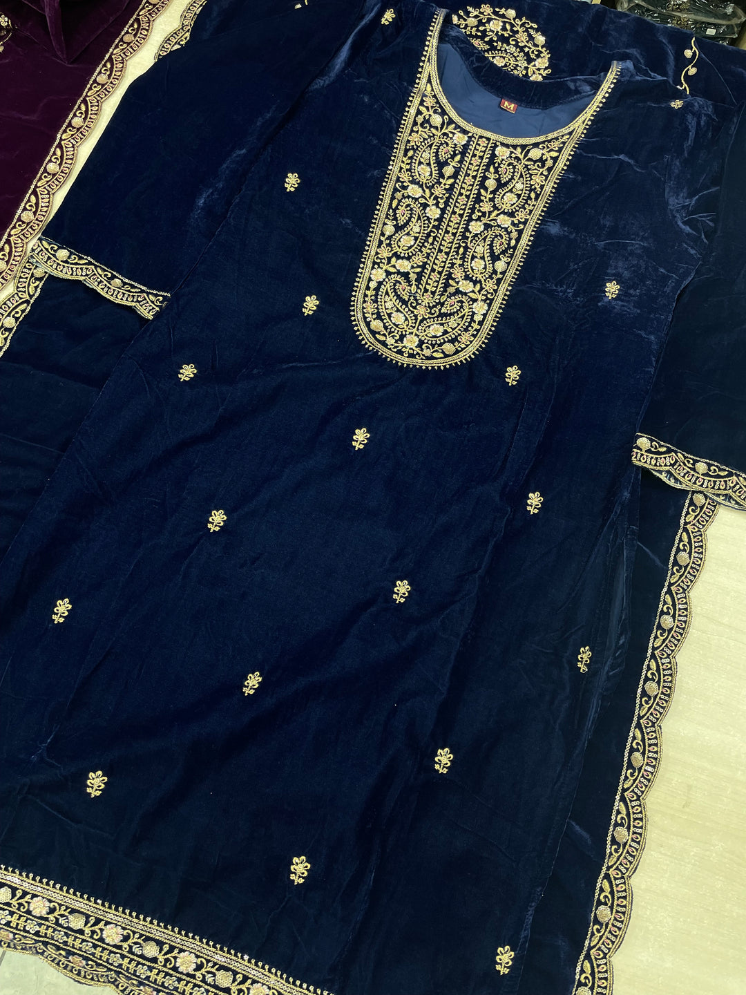Qamar - Blue Velvet Kameez - Embroidered & Gem work - 3Pcs