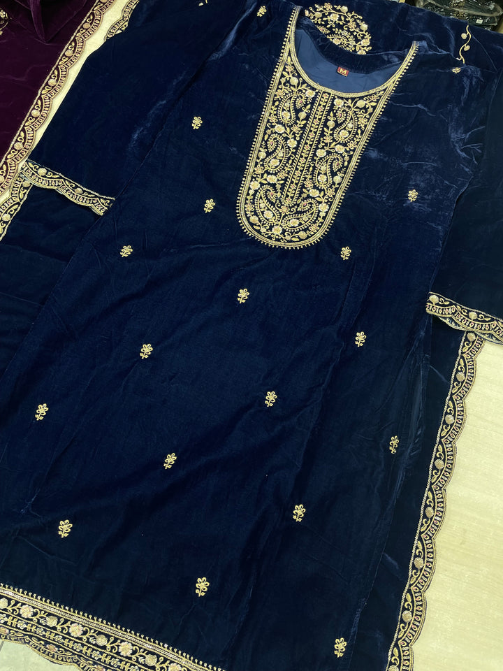 Qamar - Blue Velvet Kameez - Embroidered & Gem work - 3Pcs