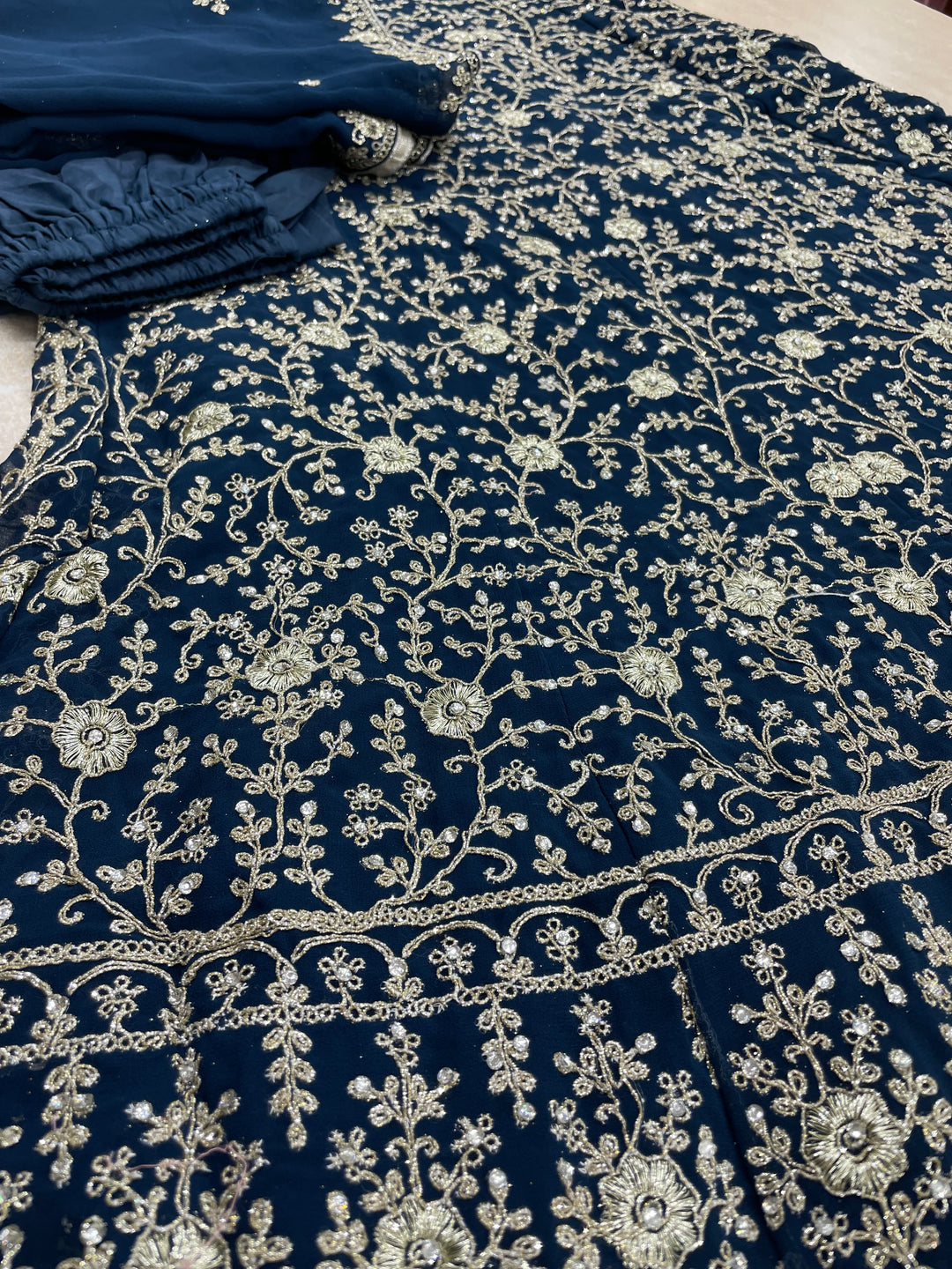 Amani - Navy Blue Embroidered Chiffon Gown - White Gold Embroidery - 3pcs