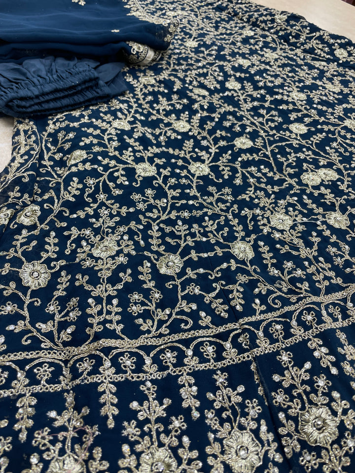 Amani - Navy Blue Embroidered Chiffon Gown - White Gold Embroidery - 3pcs