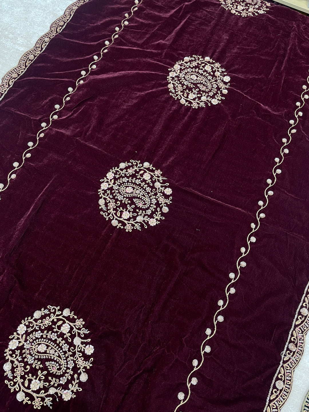 Qamar - Maroon Velvet Kameez - Embroidered & Gem work - 3Pcs