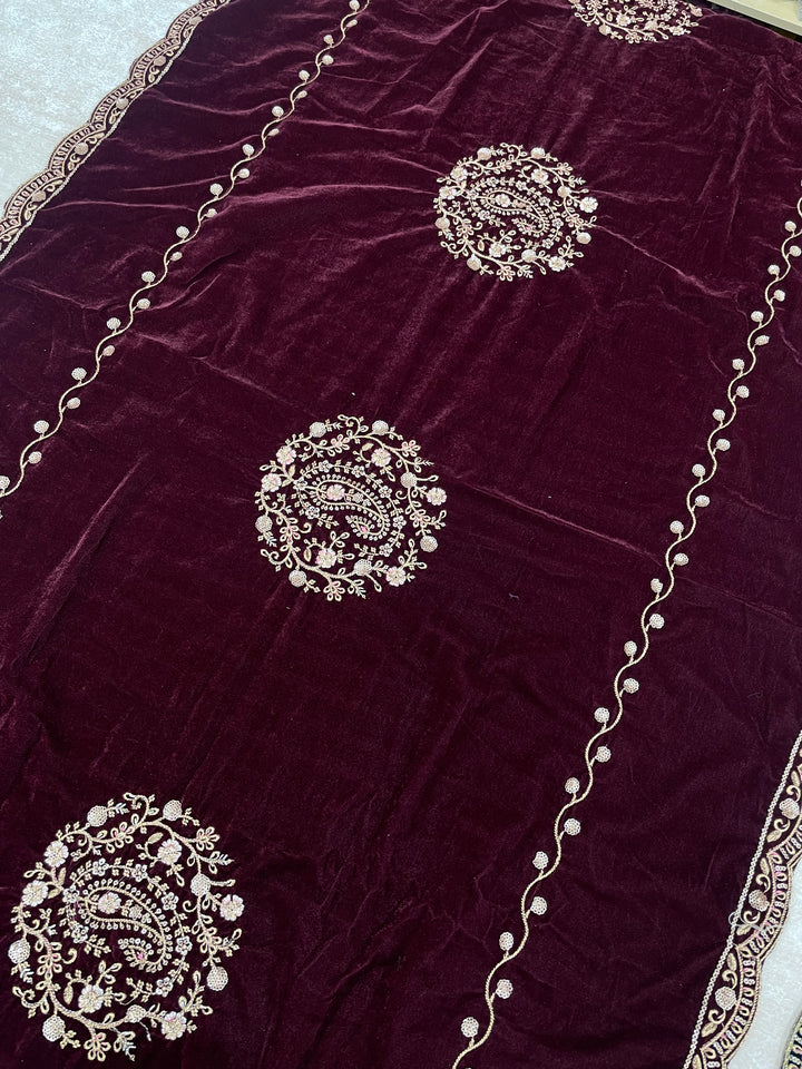Qamar - Maroon Velvet Kameez - Embroidered & Gem work - 3Pcs