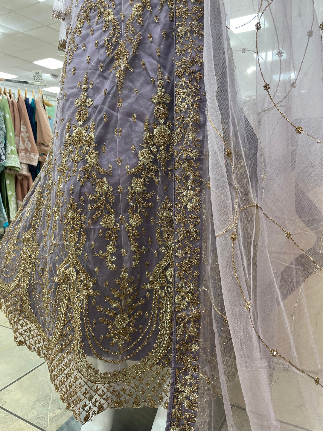 Jannah - Lavender Heavy Embroidered Net Party Gown with Bell Sleeves/Copper Gold Embroidered - 3pcs