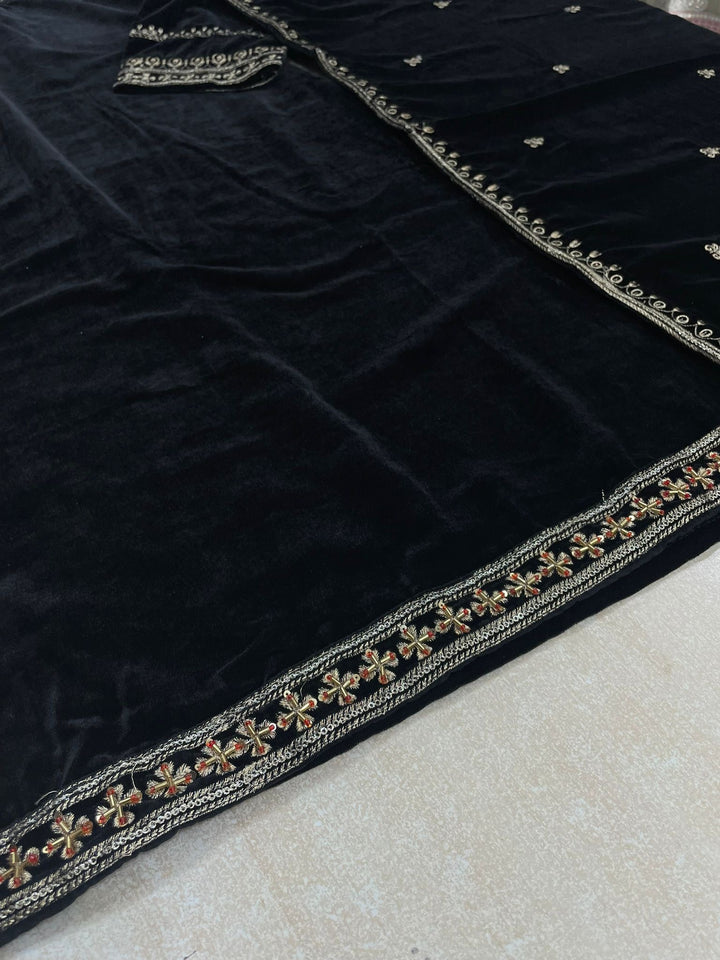 Noura - Black Velvet Kameez - Embroidered & Gem work - 3Pcs