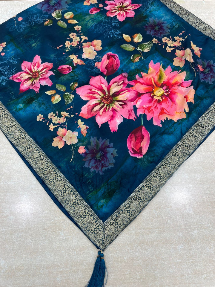 Floral Elegance –  Navy Blue Digital Print Dupatta with Zari Border