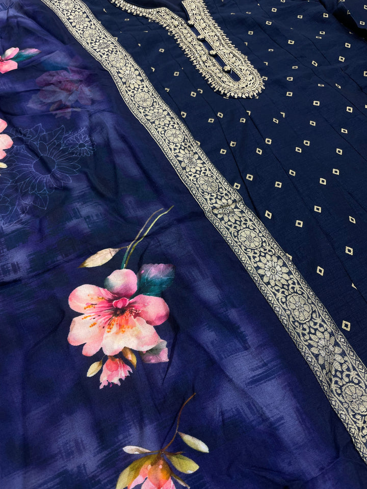 Iman - Navy Blue Embroidered Anarkali with digital print scarf - 3 Pcs