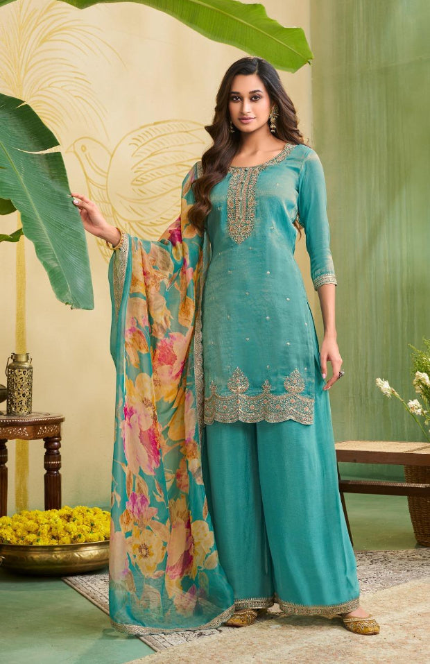 Elham – Turquoise Masoori Embroidered Suit Set with Printed Dupatta - 3pcs