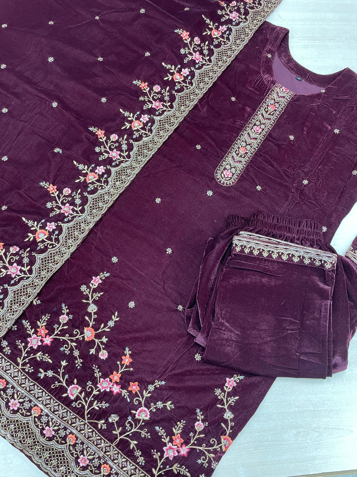 Zoya - Maroon Velvet Kameez - Embroidered & Gem Work - 3 Piece Suit