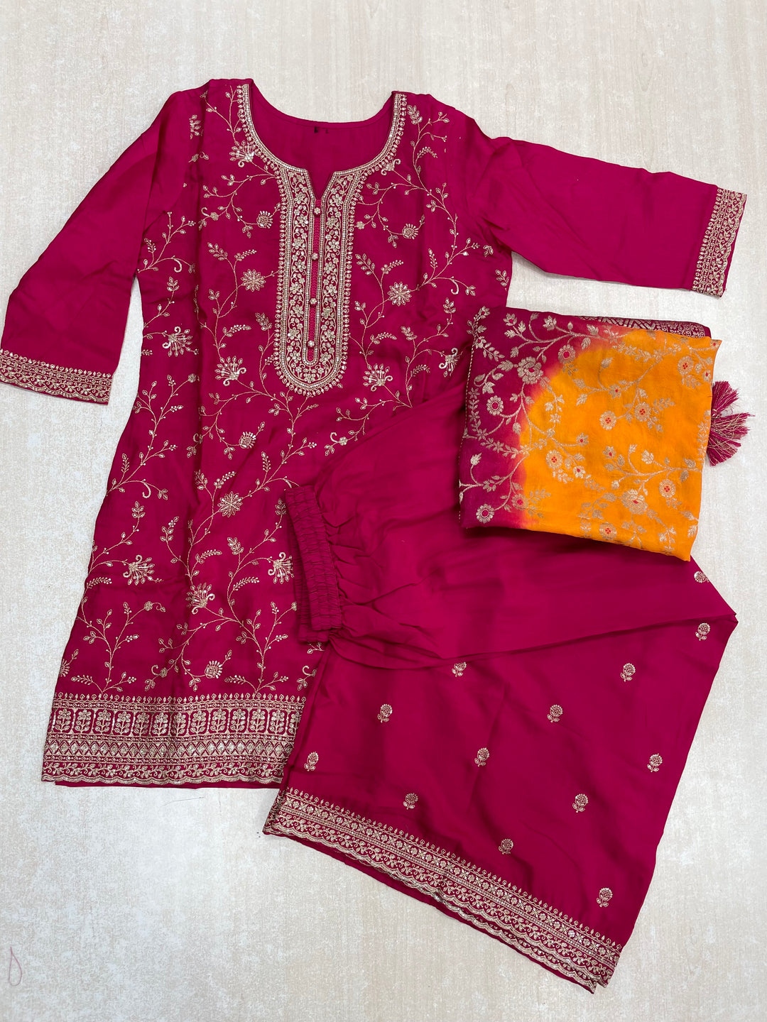 Aleeza – Cerise Pink Pure Silk Embroidered Set with Jacquard Dupatta - 3pcs