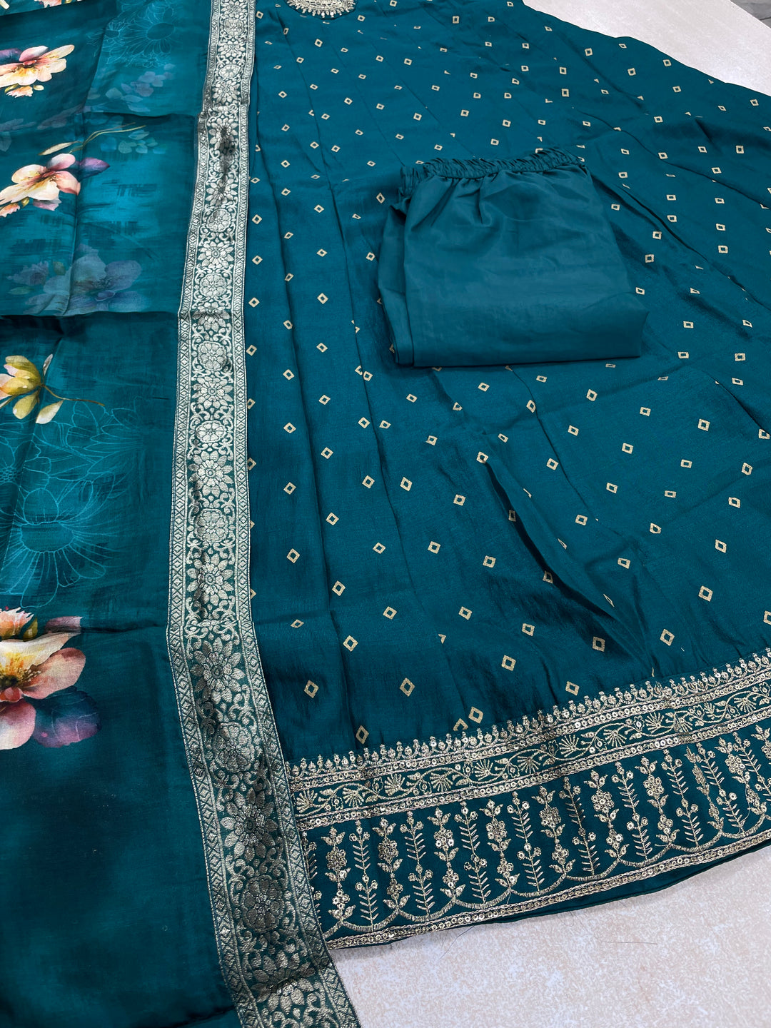 Iman - Teal Green Silk embroidered Anarkali with digital print scarf - 3 Pcs