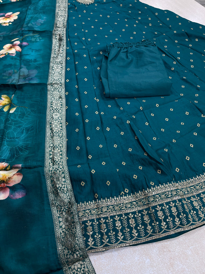 Iman - Teal Green Silk embroidered Anarkali with digital print scarf - 3 Pcs