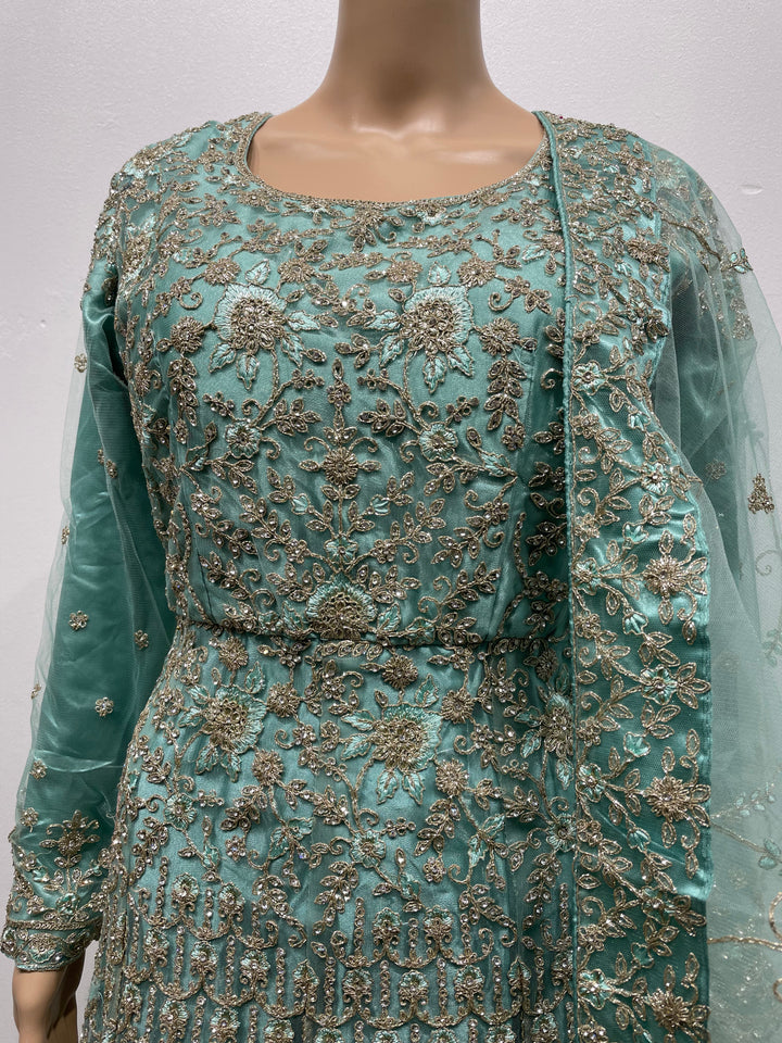 Yusra - Turquoise Heavy Embroidered Net Party Gown with White Gold Embroidered - 3pcs