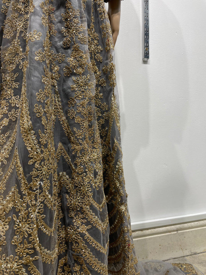 Meher - Grey Heavy Embroidered Gown with Front Split - 3pcs