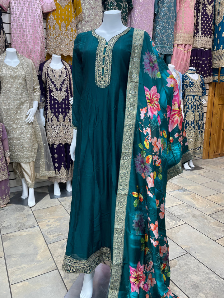 Isra – Teal Green  Bhagalpuri Silk Anarkali with Digital Print Dupatta – 2 Pcs