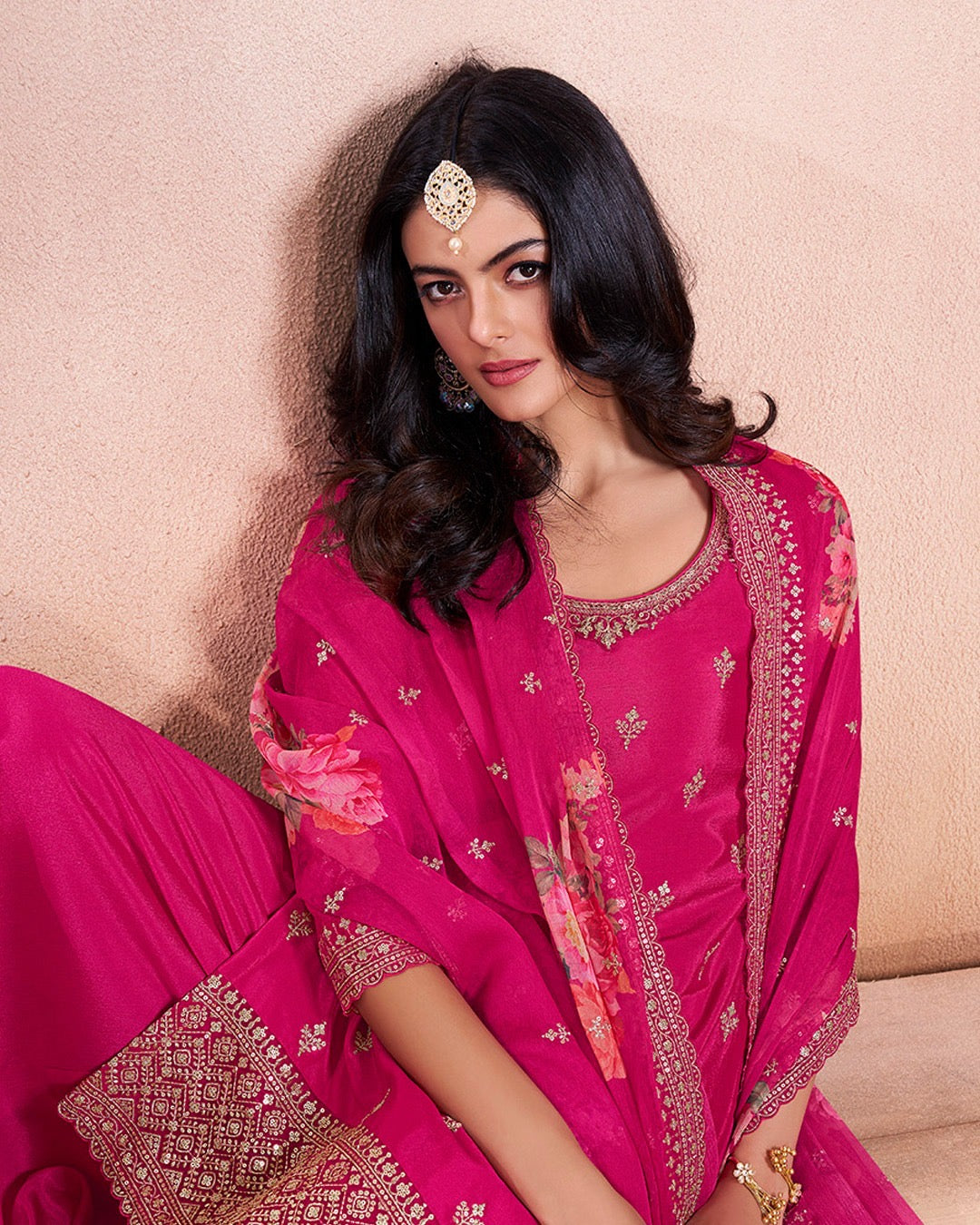 Mahira – Cerise Pink Sequins Embroidered Kurti Plazo Set with Digital Floral Dupatta – 3 Pcs