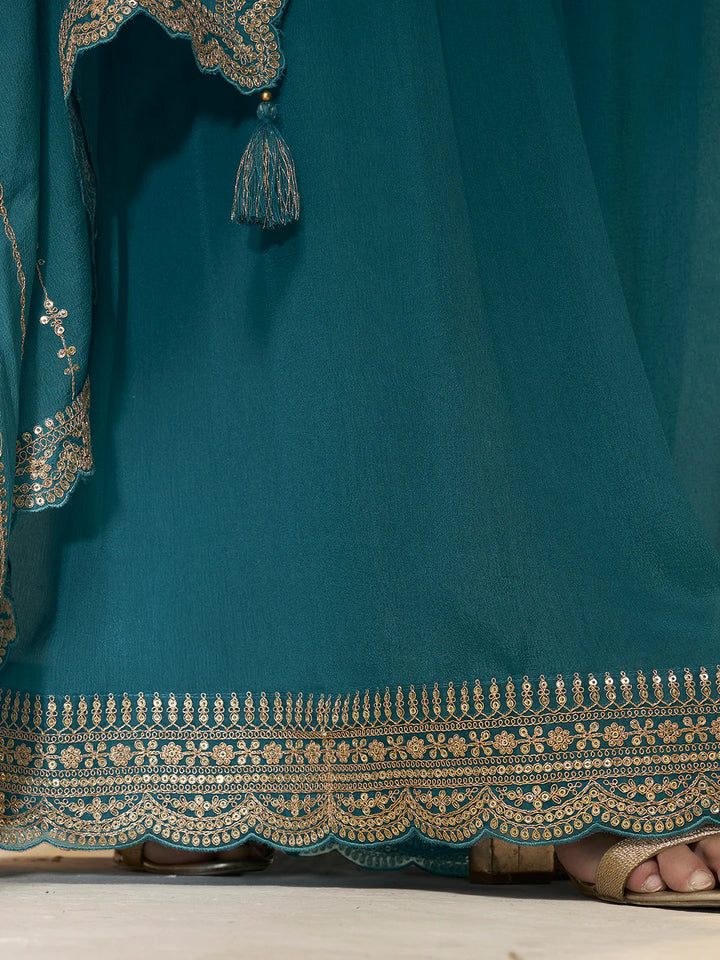 Abeer – Pastel Teal Blue Dola Silk Printed Kurta with Sequinned Plazo Dupatta – 3 Pcs