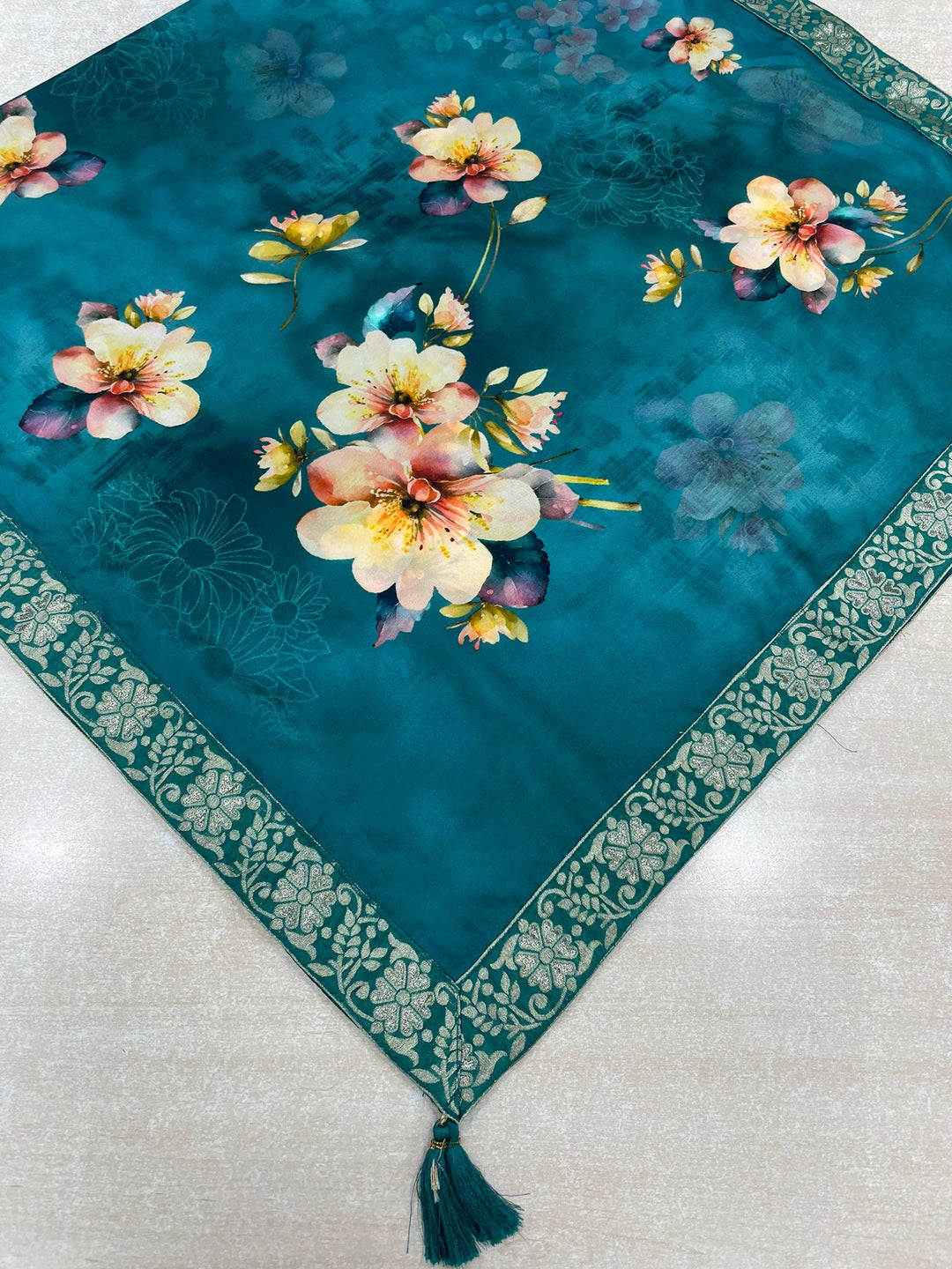Floral Elegance – Teal Green Digital Print Dupatta with Zari Border