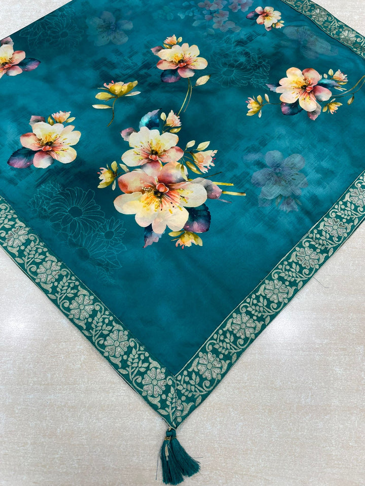 Floral Elegance – Teal Green Digital Print Dupatta with Zari Border