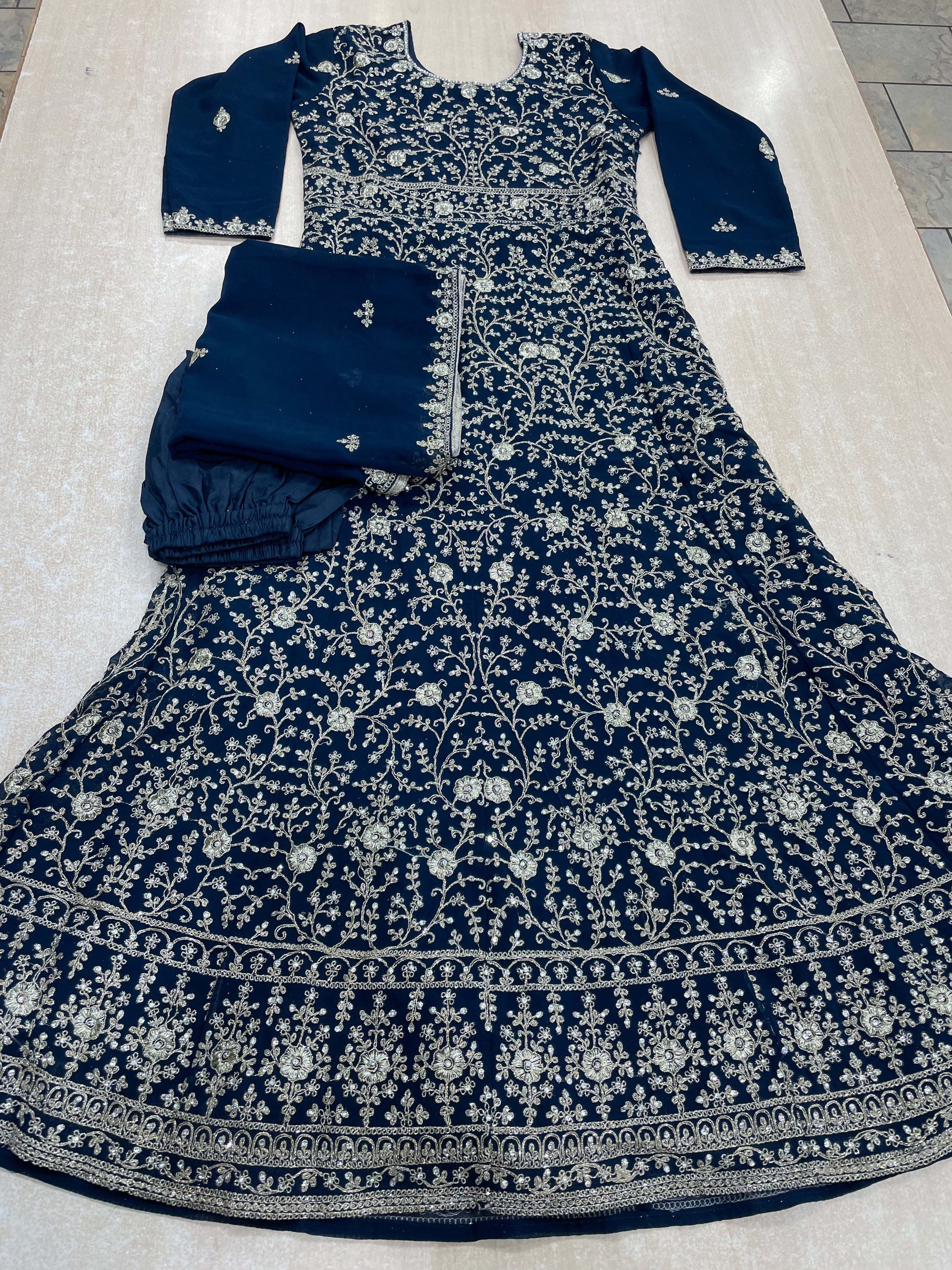 Dark Blue Heavy Embroidered Chiffon Gown - 3pcs