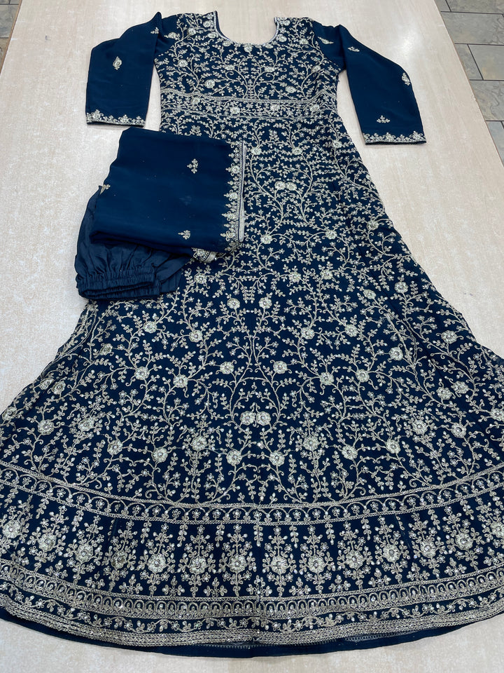 Amani - Navy Blue Embroidered Chiffon Gown - White Gold Embroidery - 3pcs