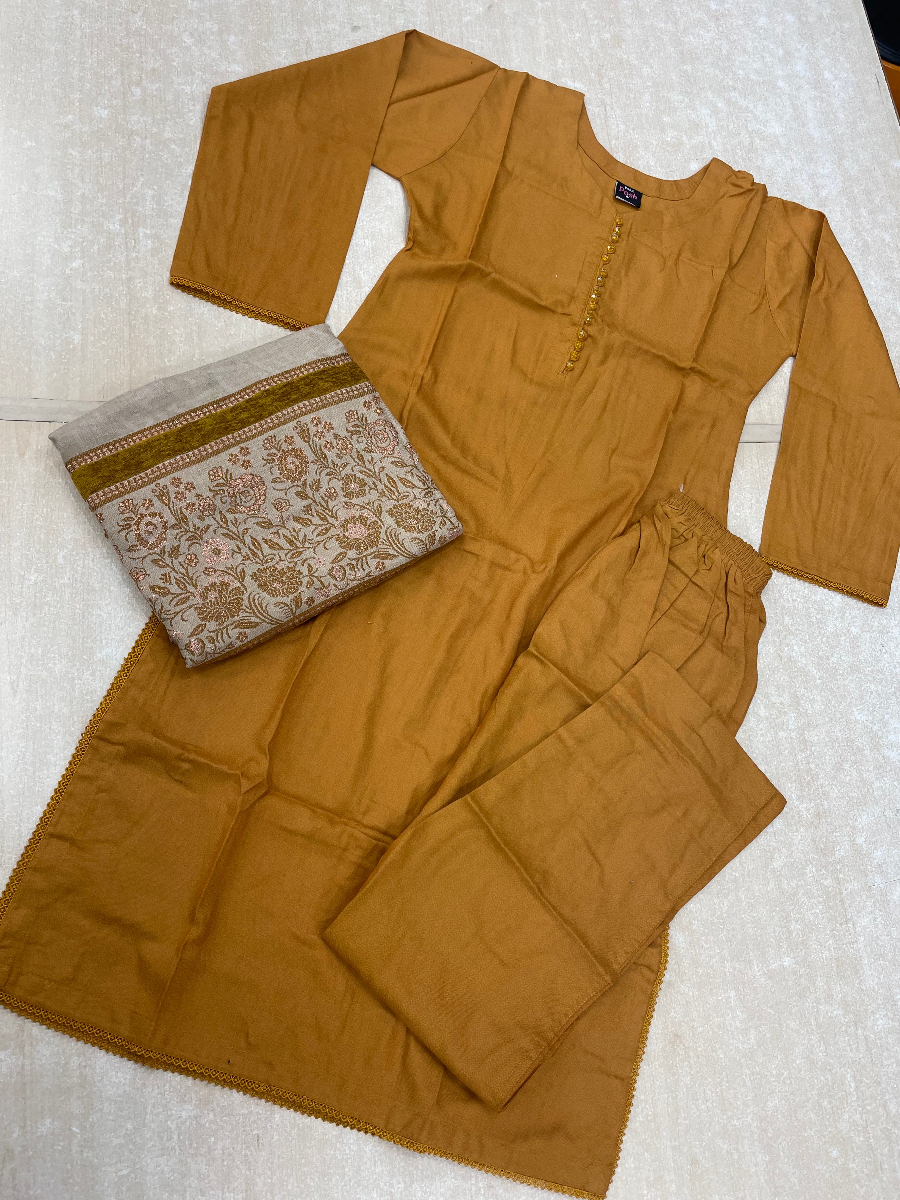 Mustard Dhanak Shalwar Kameez with Chadar scarf - 3Pcs