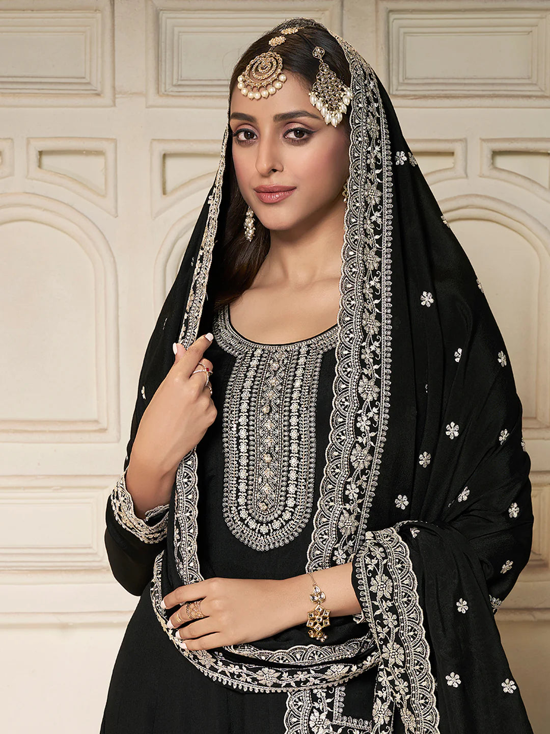 Nureh – Black Chinon Embroidered Anarkali Suit with Scalloped Dupatta - 2pcs