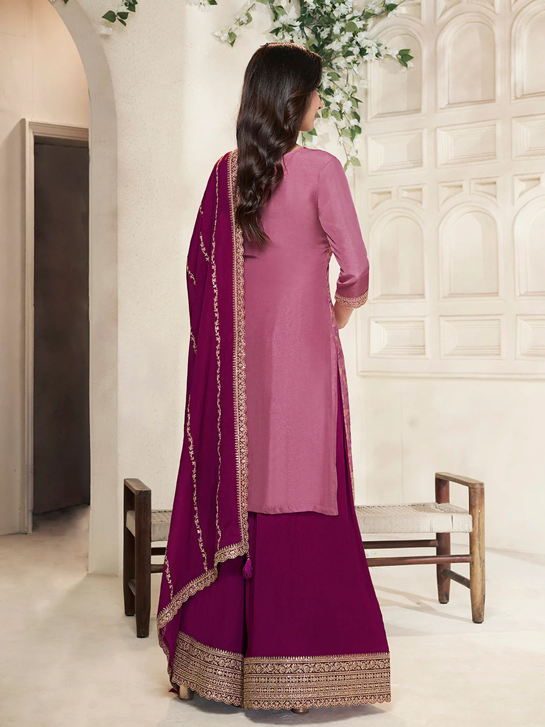 Sareen – Purple Dola Silk Embroidered Straight Kurta with Sequinned plazo Dupatta – 3 Pcs