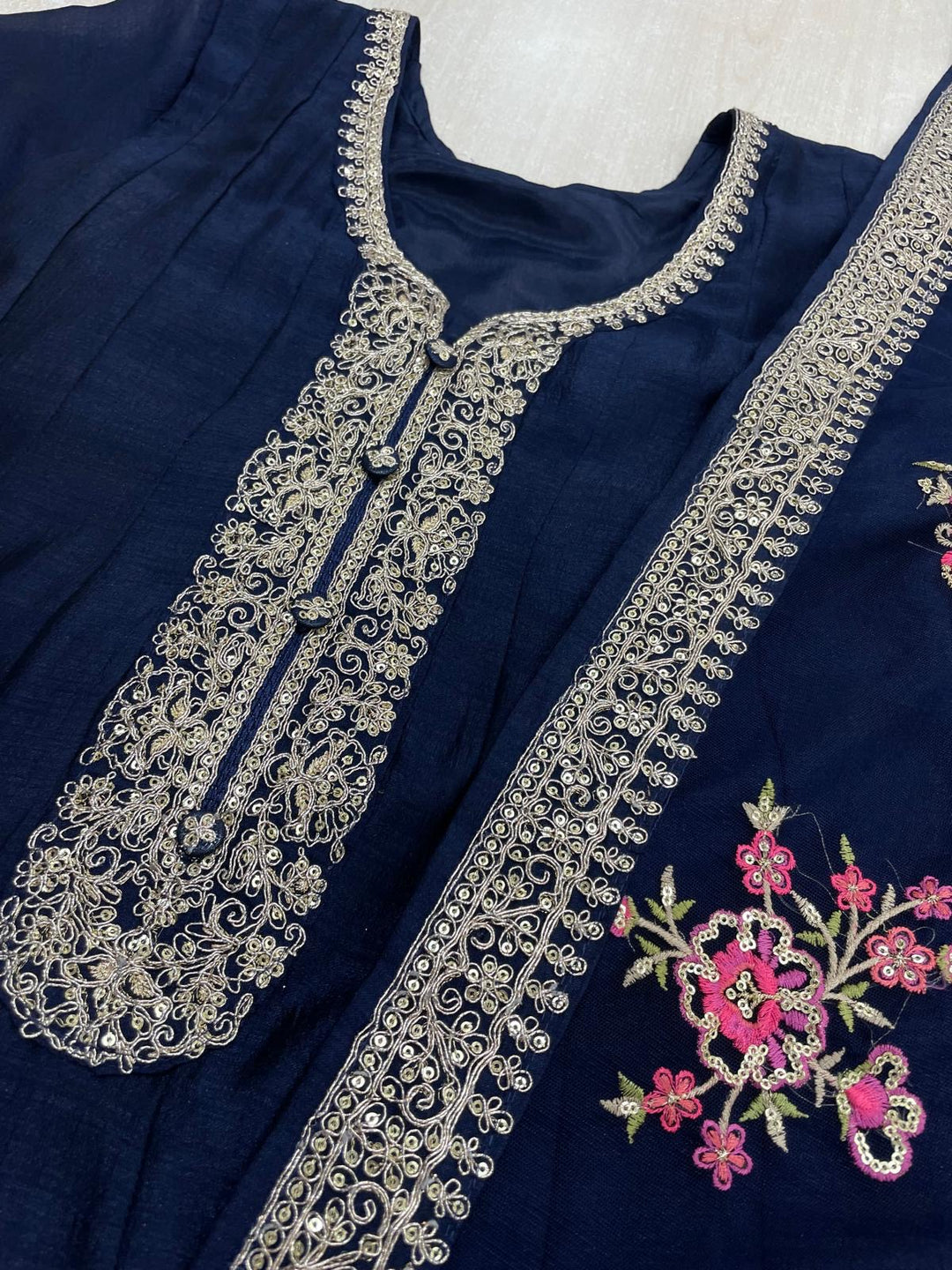 Marwah - Navy Blue Embroidered Anarkali with Net Dupatta - 3 Pcs