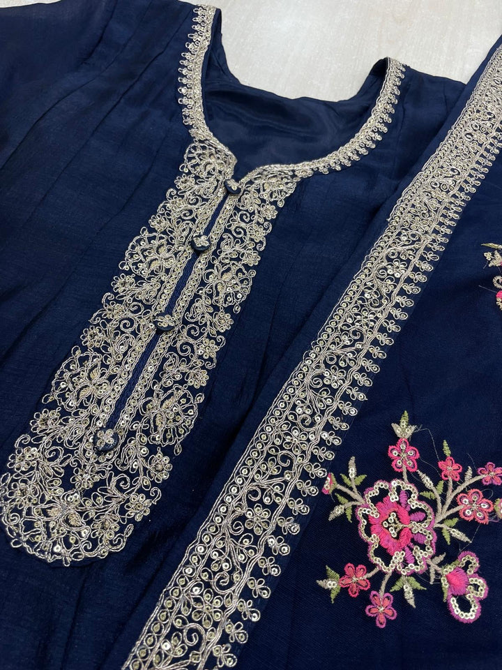 Marwah - Navy Blue Embroidered Anarkali with Net Dupatta - 3 Pcs
