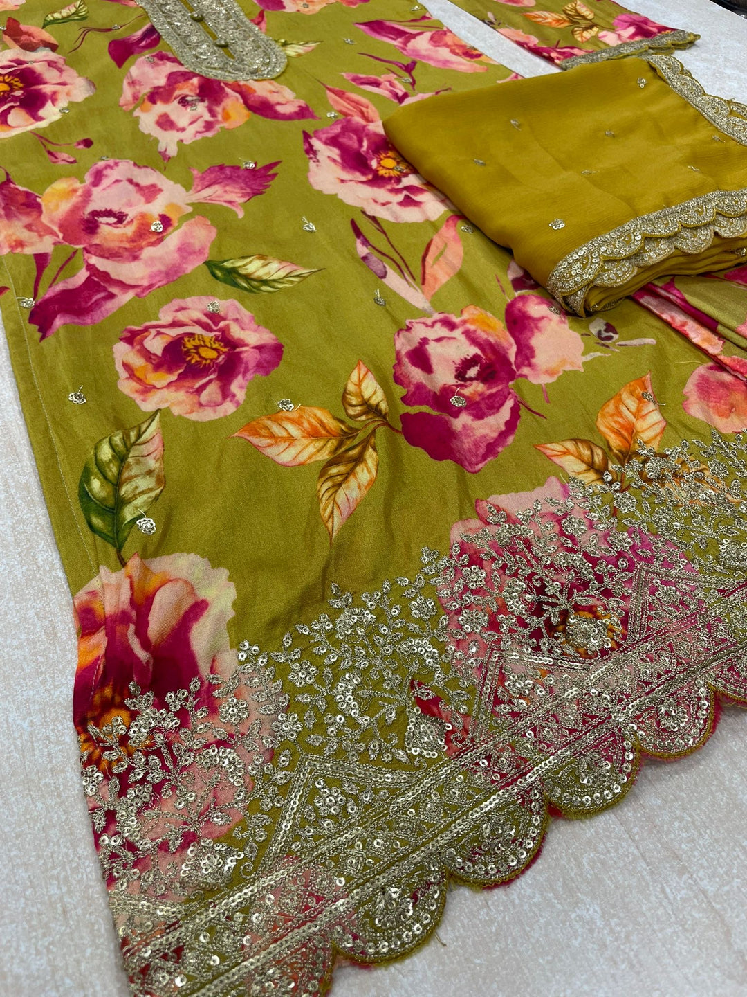 Nura - Mustard - Pure Silk Printed Plazo Kameez with Georgette Dupatta - Co-ord - 3pcs