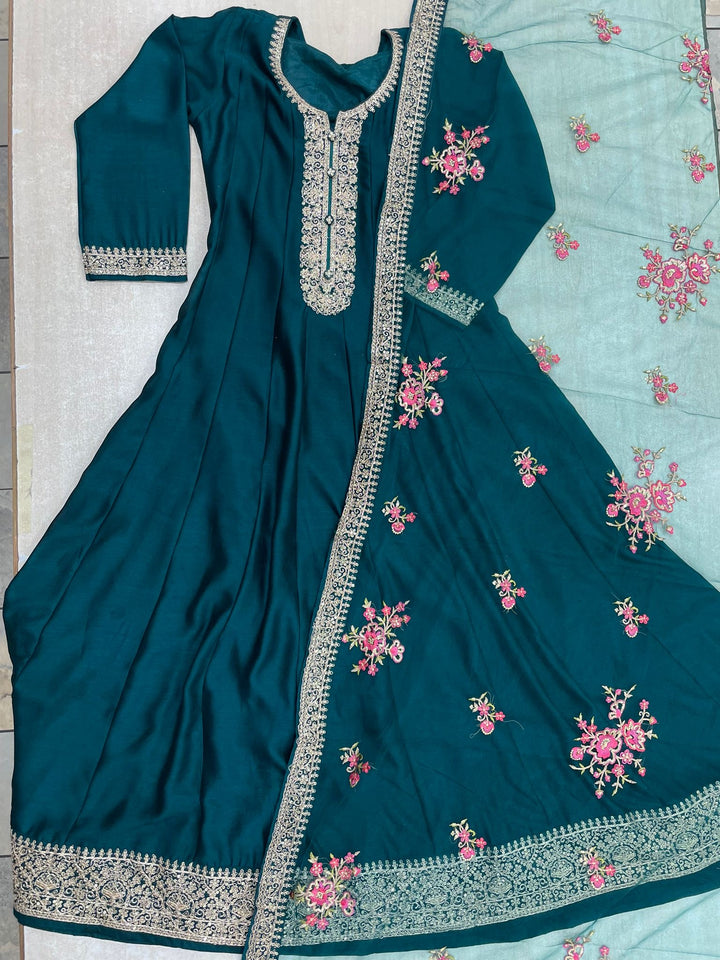 Marwah - Teal Green Embroidered Anarkali with Net Dupatta - 3 Pcs