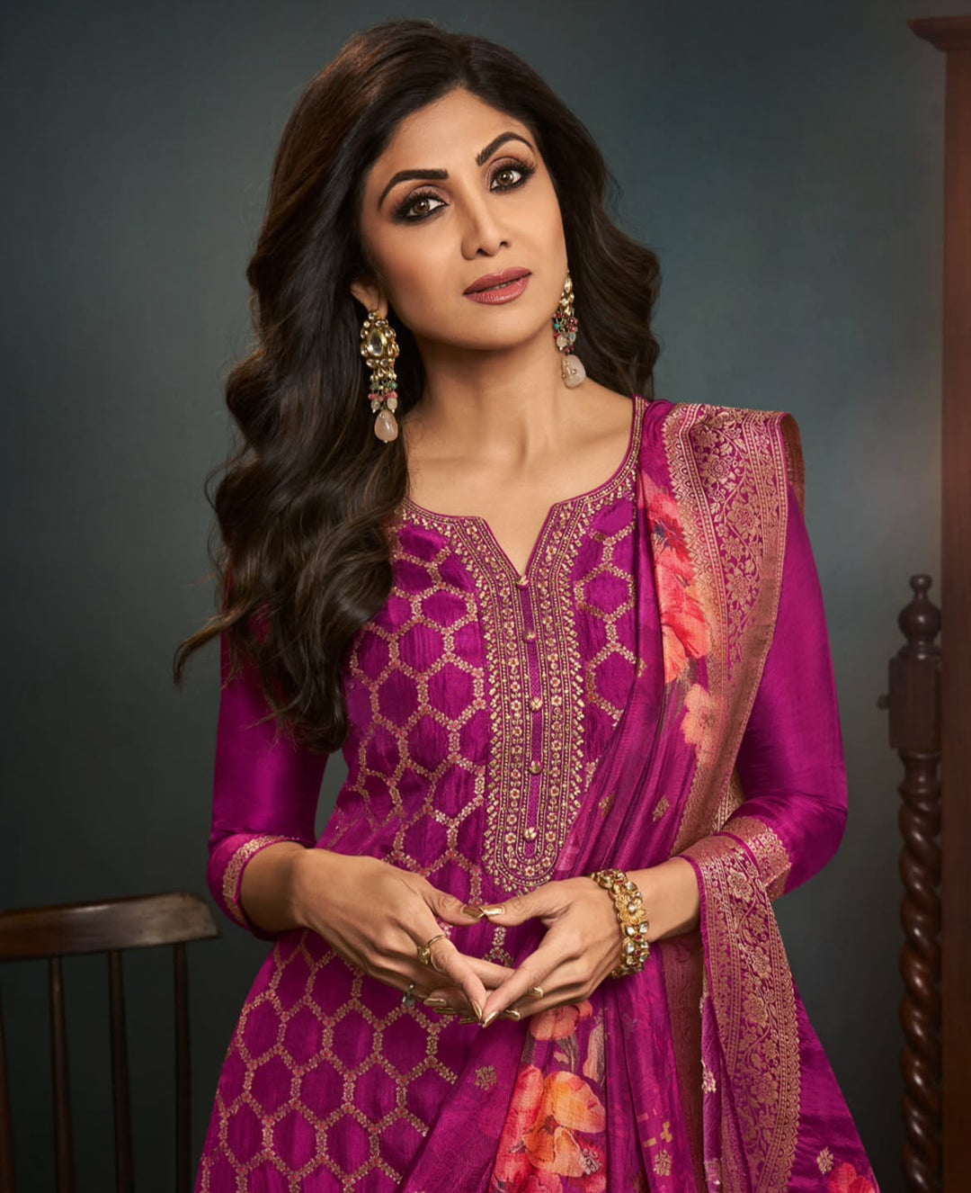 Aleena - Fuchsia Pure Viscose Dola with Embroidery Work & Digital Print Scarf - 3 Pcs