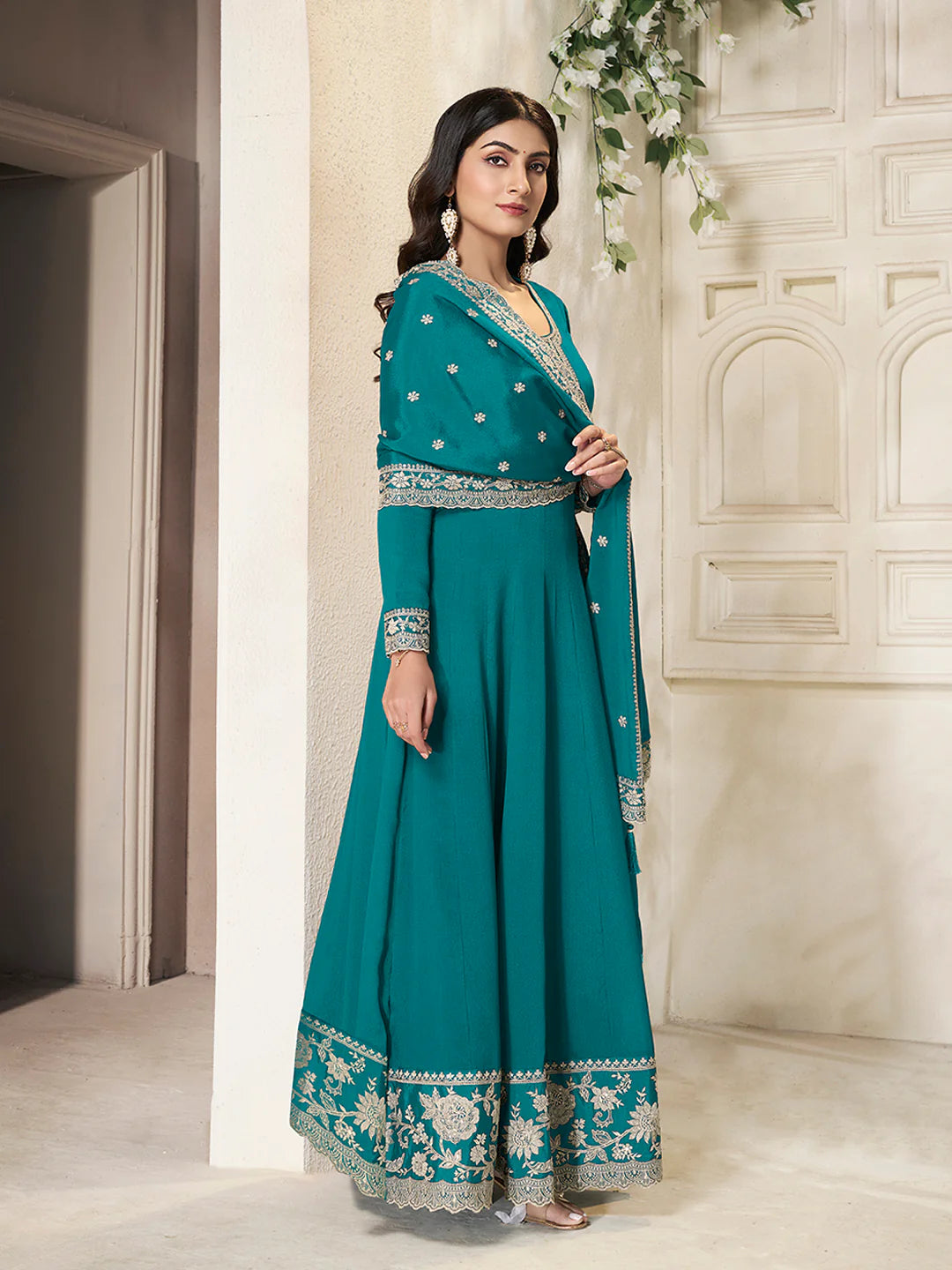 Nureh – Teal Chinon Embroidered Anarkali Suit with Scalloped Dupatta - 2pcs