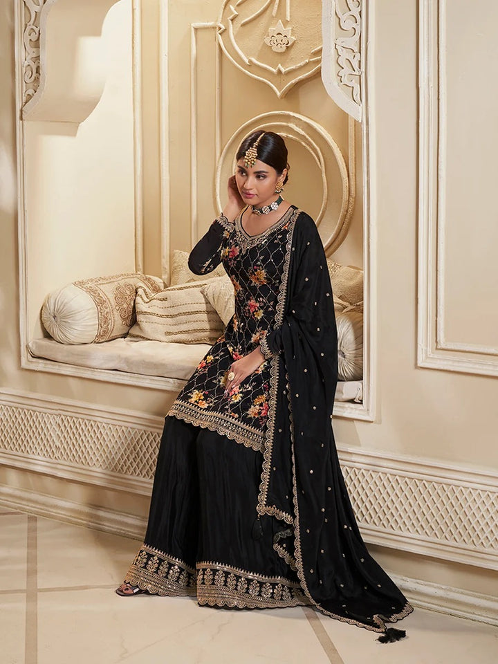 Jawaria – Black Digital Floral Printed Embroidered Sharara Suit Set – 3 Pcs