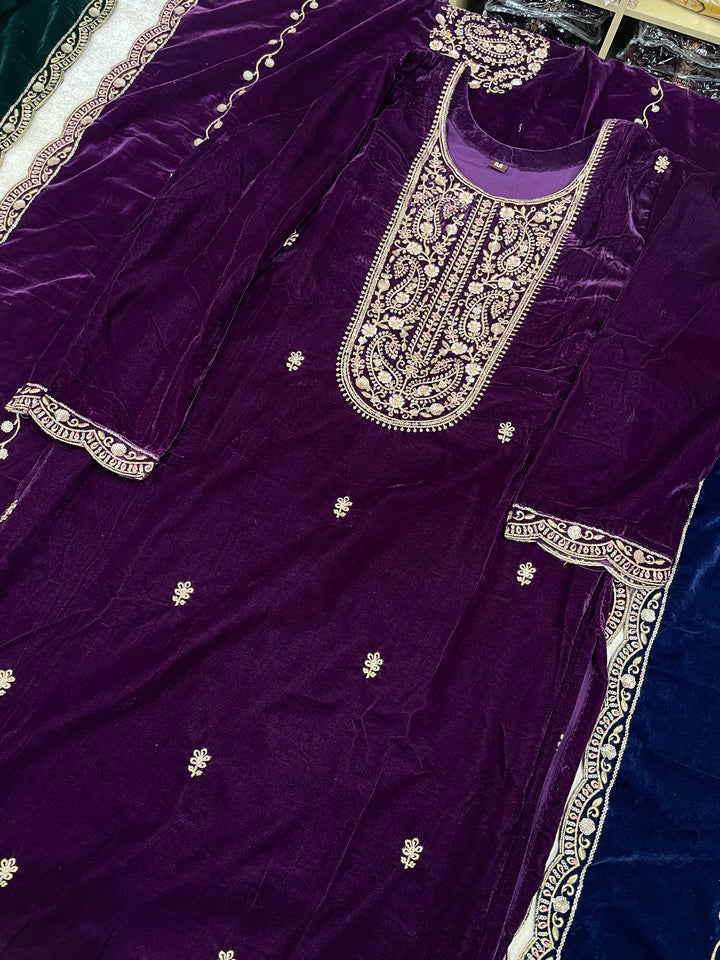 Qamar - Purple Velvet Kameez - Embroidered & Gem work - 3Pcs