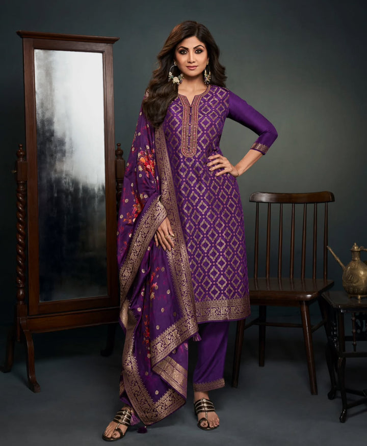 Aleena - Purple Pure Viscose Dola with Embroidery Work & Digital Print Scarf - 3 Pcs
