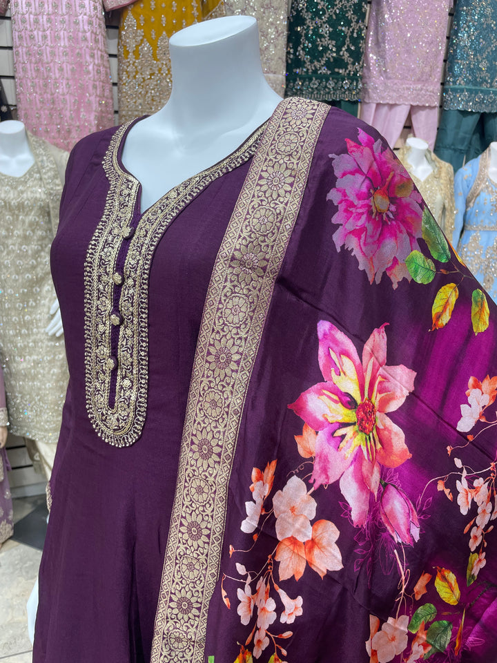 Isra – Purple Bhagalpuri Silk Anarkali with Digital Print Dupatta – 2 Pcs