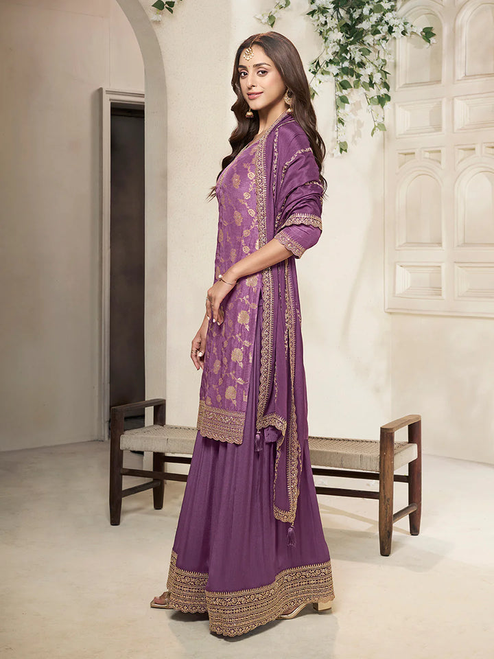 Sareen – Lavender Dola Silk Embroidered Straight Kurta with Sequinned plazo Dupatta – 3 Pcs