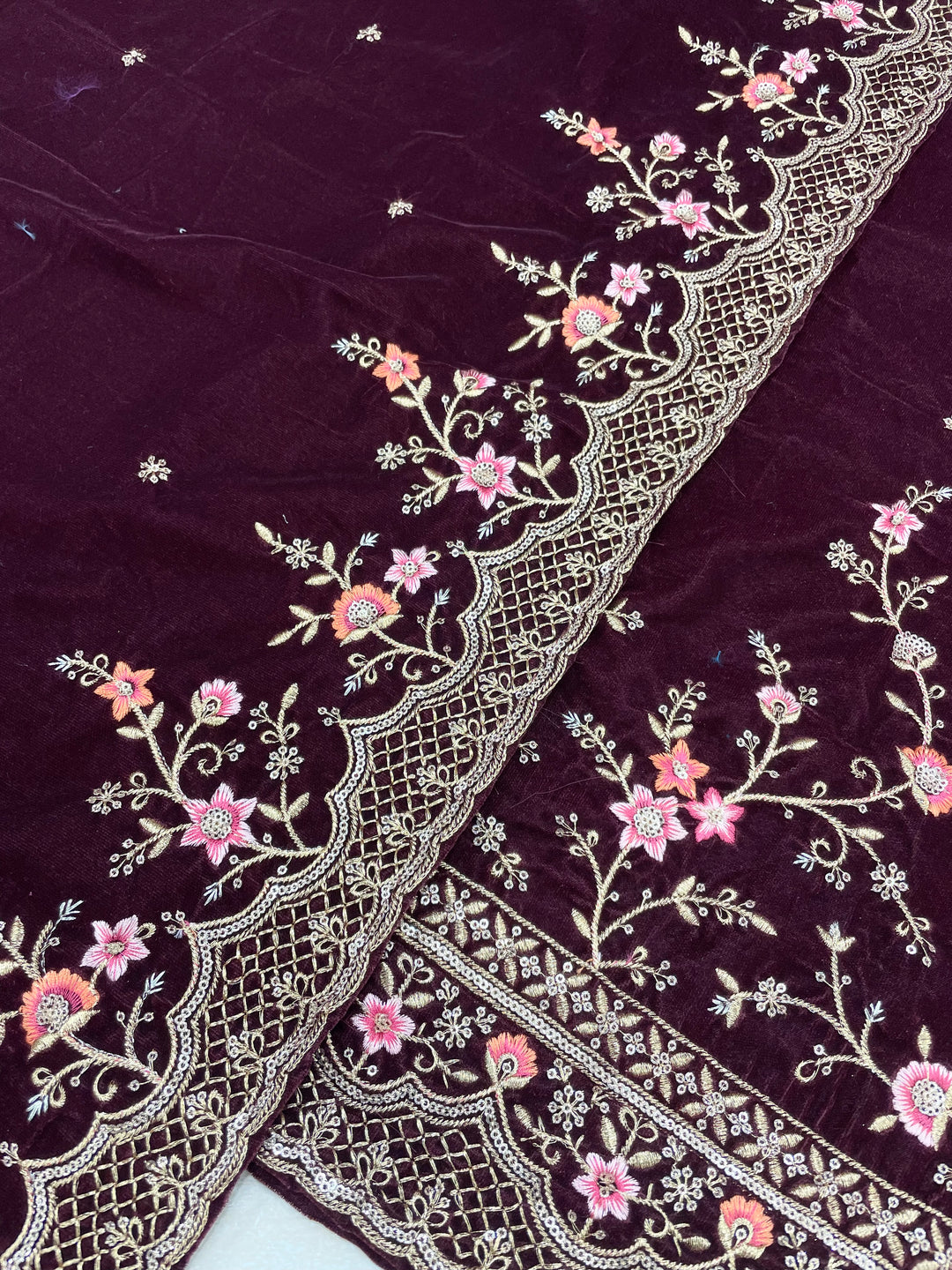 Zoya - Maroon Velvet Kameez - Embroidered & Gem Work - 3 Piece Suit